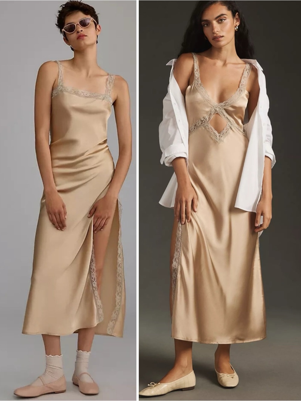 By Anthropologie Reversible Lace-Trimmed Sleep Dress Satin Gold Cutout Sz L 🧡🎀